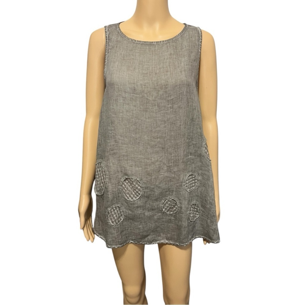 Grizas 100% Linen Sleeveless Gray Tunic with Textured Accents Size S